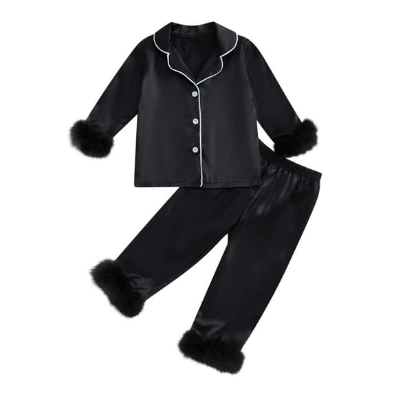 Odeerbi 2-14 Years Toddler Girls Feather Pajamas Notched Lapel Long Sleeve Shirt Pants Set Soft Loungewear Cute Printed Sleepwear Comfortable Two-piece Pajama Set Toddler Girls Clothes