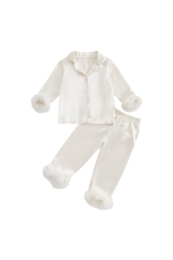 2-14 Years Toddler Girls Feather Pajamas Notched Lapel Long Sleeve Shirt Pants Set Soft Loungewear Cute Printed Sleepwear Comfortable Two-piece Pajama Set Toddler Girls Clothes