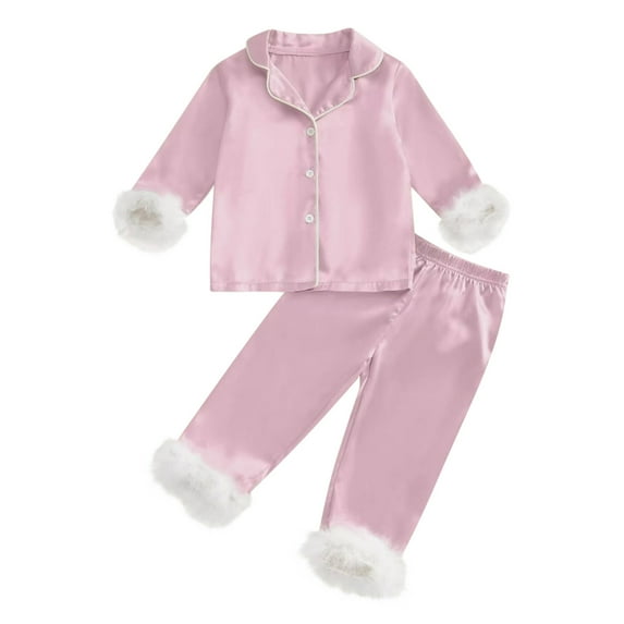 Odeerbi 2-14 Years Toddler Girls Feather Pajamas Notched Lapel Long Sleeve Shirt Pants Set Soft Loungewear Cute Printed Sleepwear Comfortable Two-piece Pajama Set Toddler Girls Clothes