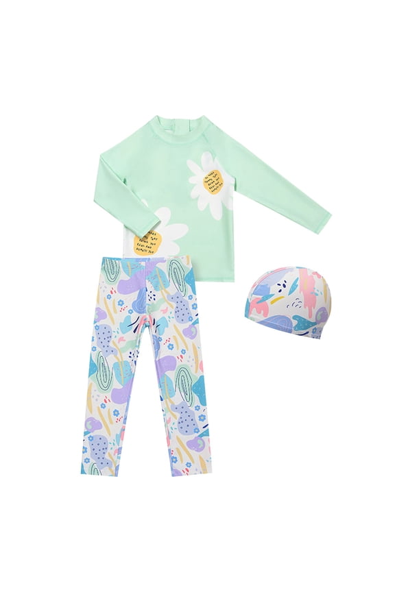 2-15 Years Toddler Boys Long Sleeve Rash Guard Swimsuits with Swim Cap Set Three Pieces Athletic Training Swimsuit Surfing Swimwear Sunscreen Quick Drying Swim Leggings Set