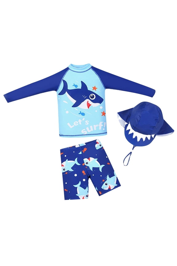 2-15 Years Toddler Boys Long Sleeve Rash Guard Swimsuits with Swim Cap Set Three Pieces Athletic Training Swimsuit Surfing Swimwear Sunscreen Quick Drying Swim Trunks Set