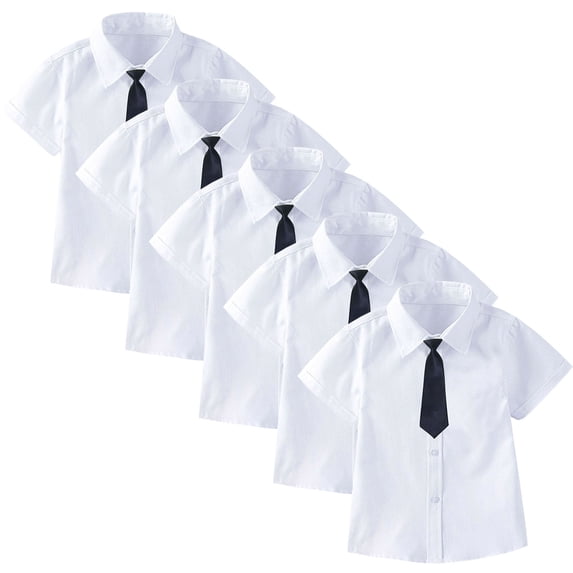 DOZINSIX 2-15 Years Toddler Kids Boys Girls Short Sleeve Dress Shirts 5 Pack Cotton School Uniform Shirts with Bow/Tie