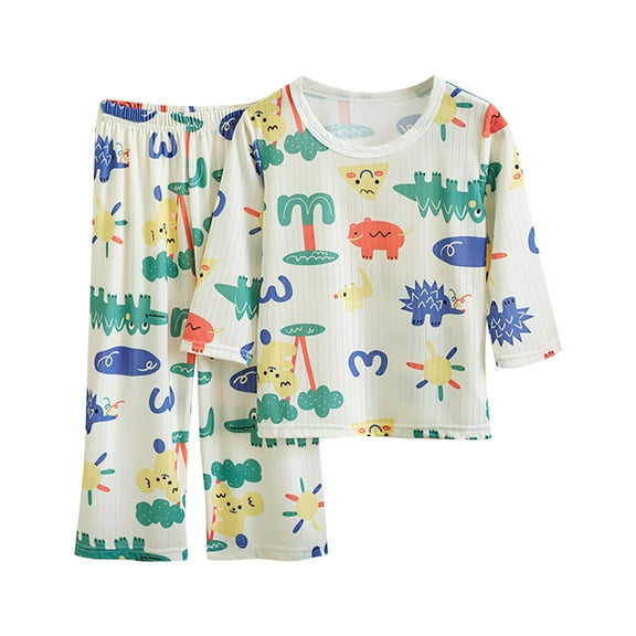 Odeerbi 2-16 Years Toddler Boys Girls Summer Cotton Pajamas Long Sleeve Tops Pants Set Soft Loungewear Cute Print Sleepwear Two-piece Pajama Sets Toddler Boys Girls Clothes
