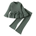 thumbnail image 1 of Odeerbi 2-5 Years Toddler Girls Cotton Outfits Ruffle Long Sleeve Tops Flared Pants Two-piece Set Bow Solid Color Casual Loungewear Toddler Girls Clothes, 1 of 9