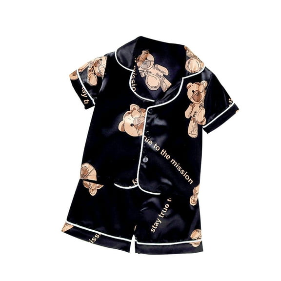 Odeerbi 2-6 Years Kids Boys Girls Summer Satin Pajamas Notched Lapel Short Sleeve Shirts Shorts Set Soft Loungewear Bear Print Sleepwear Silk Pajama Set Kids Boys Girls Clothes