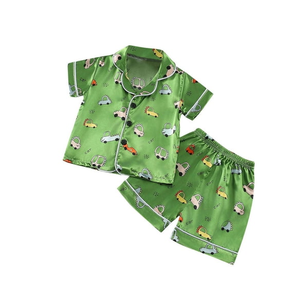 Odeerbi 2-6 Years Kids Boys Girls Summer Satin Pajamas Notched Lapel Short Sleeve Shirts Shorts Set Soft Loungewear Car Print Sleepwear Silk Pajama Set Kids Boys Girls Clothes
