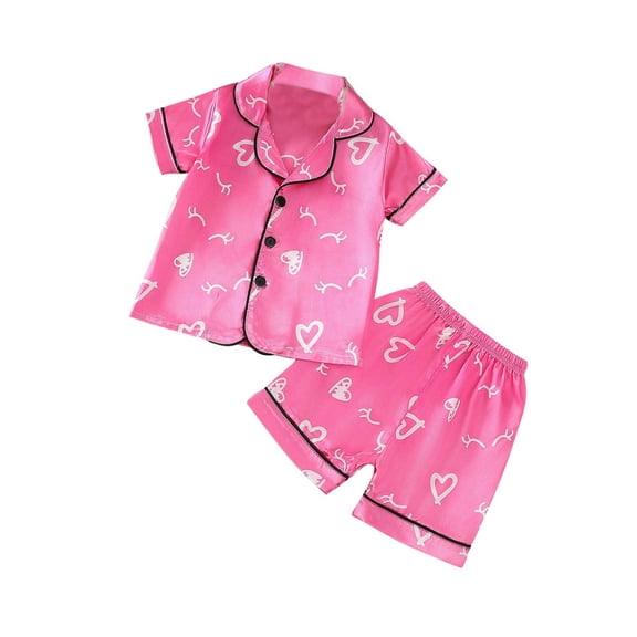 Odeerbi 2-6 Years Kids Boys Girls Summer Satin Pajamas Notched Lapel Short Sleeve Soft Loungewear Valentines Day Love Print Sleepwear Silk Pajama Set Kids Boys Girls Clothes