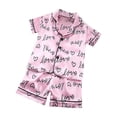 thumbnail image 1 of Odeerbi 2-6 Years Kids Boys Girls Summer Satin Pajamas Notched Lapel Short Sleeve Soft Loungewear Valentines Day Love Print Sleepwear Silk Pajama Set Kids Boys Girls Clothes, 1 of 3