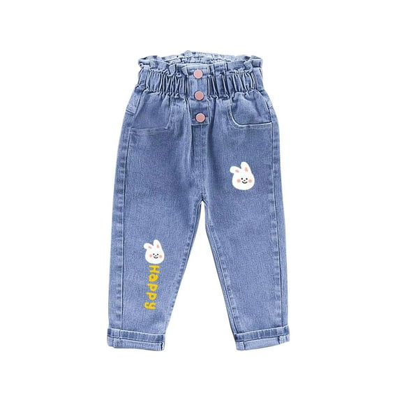 Odeerbi 2-6 Years Kids Girls Jeans Cute Print Denim Pants Elastic Waist Cowboy Pants with Pocket