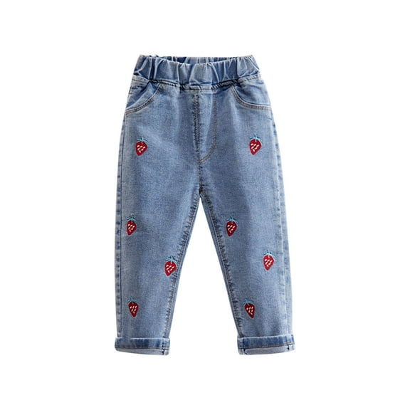 Odeerbi 2-6 Years Kids Girls Jeans Cute Strawberry Embroidered Denim Pants Elastic Waist Cowboy Pants with Pocket