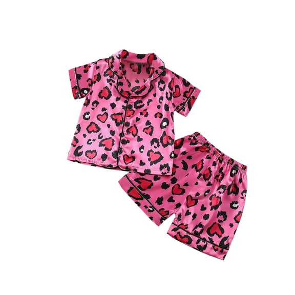 Odeerbi 2-6 Years Toddler Boys Girls Summer Satin Pajamas Notched Lapel Short Sleeve Soft Loungewear Valentines Day Love Print Sleepwear Silk Pajama Set Toddler Boys Girls Clothes