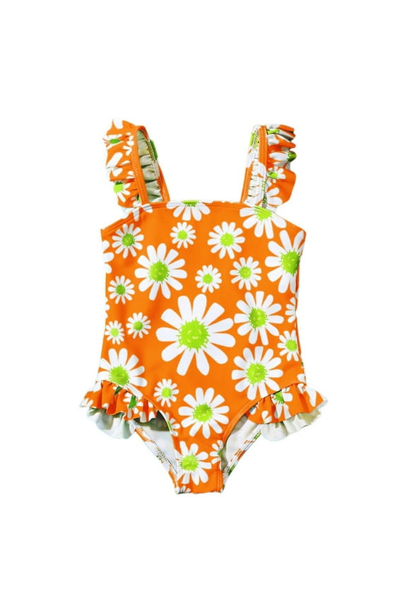 2-6 Years Toddler Girls One Piece Swimsuit Summer Daisy Print Beachwear Beach Hawaiian Bathing Suit Sweet Cute Swimwear