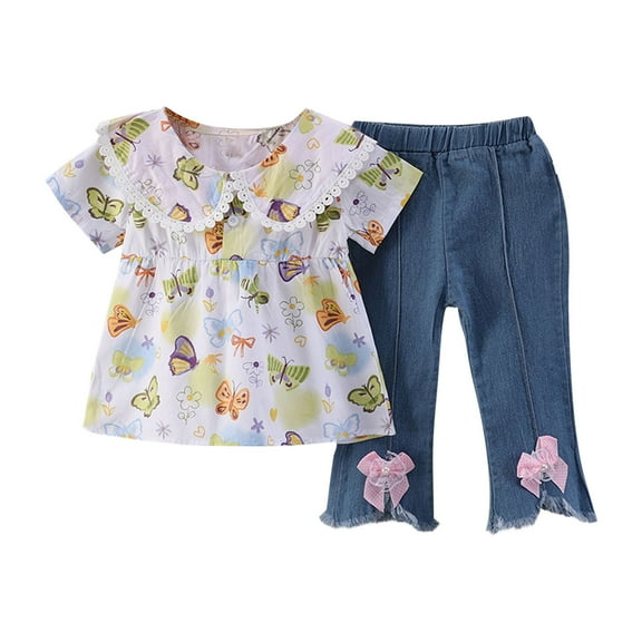 Odeerbi 2-6 Years Toddler Girls Summer Outfits Cotton Floral Peter Pan Collar Short Sleeve Tops Jeans Two-piece Set Flower Print Comfortable Shirt Denim Pants Set Toddler Girls Clothes