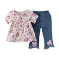thumbnail image 1 of Odeerbi 2-6 Years Toddler Girls Summer Outfits Cotton Floral Peter Pan Collar Short Sleeve Tops Jeans Two-piece Set Flower Print Comfortable Shirt Denim Pants Set Toddler Girls Clothes, 1 of 9