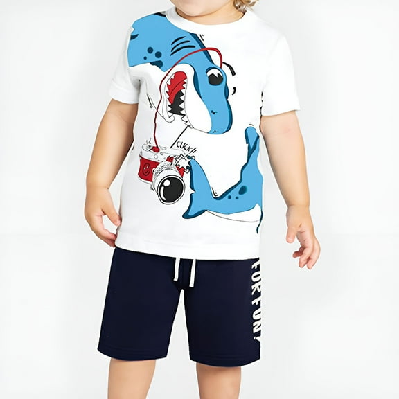 Odeerbi 2-7 Years Kids Boys Summer Outfits Dinosaur Print Cotton Short Sleeve T-Shirt Shorts Two-piece Set Graphic Casual Loungewear Kids Boys Clothes