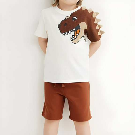Odeerbi 2-7 Years Toddler Boys Summer Outfits Dinosaur Print Cotton Short Sleeve T-Shirt Shorts Two-piece Set Graphic Casual Loungewear Toddler Boys Clothes