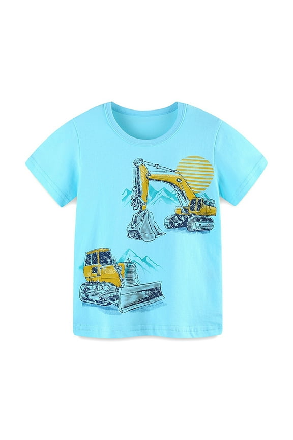 2-7Y Kids Boys Excavator Graphic Cotton T-Shirt Cute Print Shirts Summer Round Neck Short Sleeve Tops Light Blue
