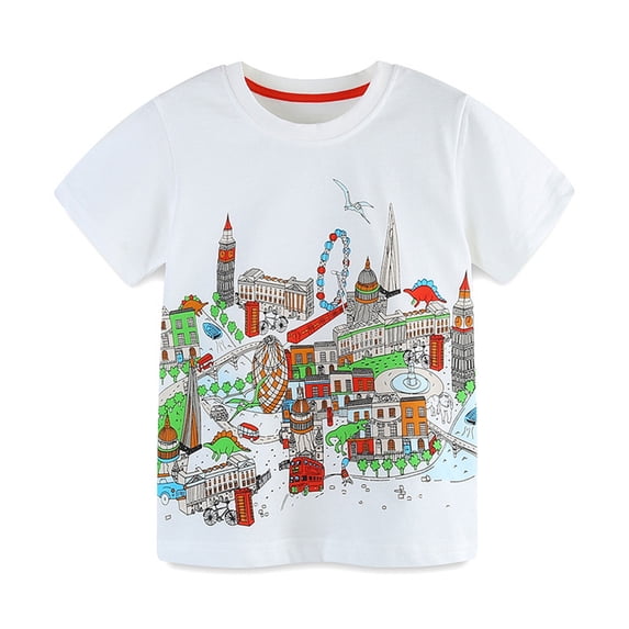 Odeerbi 2-7Y Kids Boys City Graphic Cotton T-Shirt Cute Print Shirts Summer Round Neck Short Sleeve Tops Green