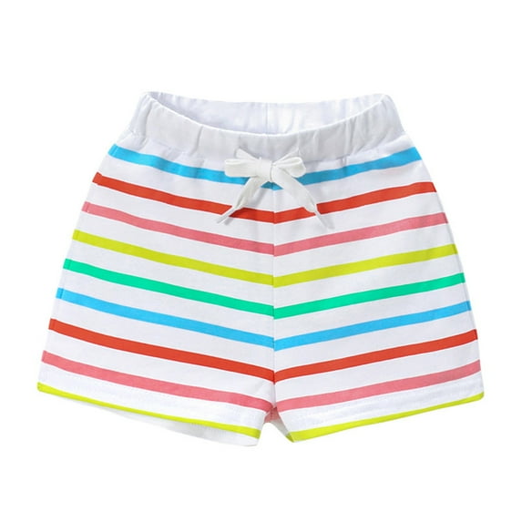 Odeerbi 2-7Y Kids Girls Cotton Shorts Colorful Striped Shorts Children's Summer Drawstring Smocked Waist Shorts Pink