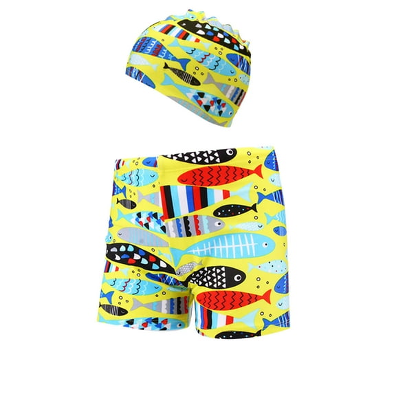 Odeerbi 2-8 Years Kids Boys Beach Swim Trunks with Swim Cap Set Hawaiian Print Swimming Trunks Quick Drying Swimsuit Shorts Children's Summer Plus Size Cotton Swimsuit