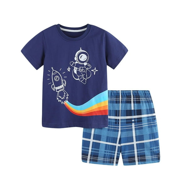 Odeerbi 2-8 Years Kids Boys Summer Outfits Cute Plaid Cotton Short Sleeve T-Shirt Shorts Two-piece Set Casual Loose Elastic Waist Loungewear Kids Boys Clothes