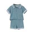 thumbnail image 1 of Odeerbi 2-8 Years Kids Boys Summer Outfits Rib Knit Button Down Collar Short Sleeve Tops Shorts Two-piece Set Solid Color Casual Sports Loungewear Kids Boys Clothes, 1 of 9