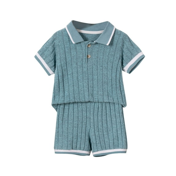 Odeerbi 2-8 Years Kids Boys Summer Outfits Rib Knit Button Down Collar Short Sleeve Tops Shorts Two-piece Set Solid Color Casual Sports Loungewear Kids Boys Clothes