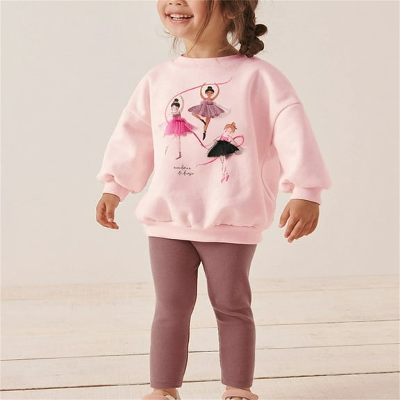 Odeerbi 2-8 Years Toddler Girls Outfits Cute Print Cotton Crewneck Sweatshirts Leggings Two-piece Set Spring Sweatshirt Elastic Waist Long Pants Toddler Girls Clothes