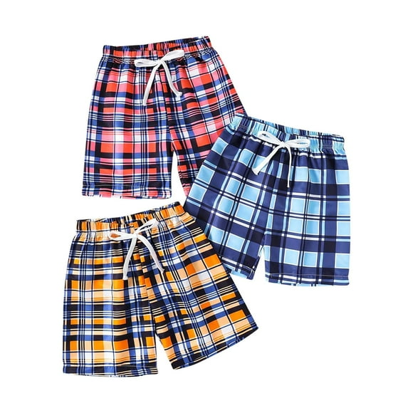 Odeerbi 2-8 Years Toddler Boys 3 PCS Summer Plaid Hawaiian Beach Shorts Workout Athletic Sports Shorts Casual Solid Color Rubber Waist Shorts