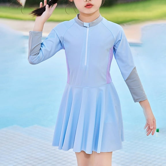 Odeerbi 2-8 Years Toddler Girls Long Sleeve Rash Guard Swimsuits Summer Beach One Piece Athletic Training Swimdress Surfing Swim Dress Solid Color Patchwork Half Zipper Swim Skirt