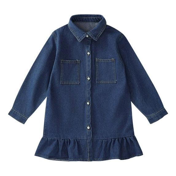 Odeerbi 2-8 Years Toddler Girls Long Sleeve Ruffle Denim Dress Spring Fall Cute Cotton Shirt Dress Children Fashion Solid Color Button Jean Dress with Pocket Toddler Girls Clothes