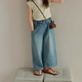 thumbnail image 1 of Odeerbi 2-8 Years Toddler Girls Wide Leg Jeans Solid Color Denim Pants Elastic Waistband Cowboy Pants with Multiple Pockets, 1 of 7