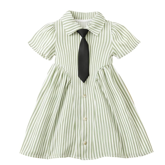 Odeerbi 2-8 Years Toddler Kids Girls Striped Shirt Dress with Tie Short Sleeve Preppy Style A-Line Dress Summer School Uniform Style Dress