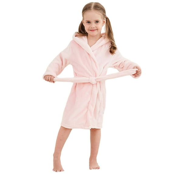 Odeerbi 2-8Y Kids Boys Girls Flannel Bathrobe Cartoon Kimono Robe Soft Plush Nightgowns Hooded Bathrobe Sleepwear Toddler Plush Robes With Belt Baby Clothes Pink