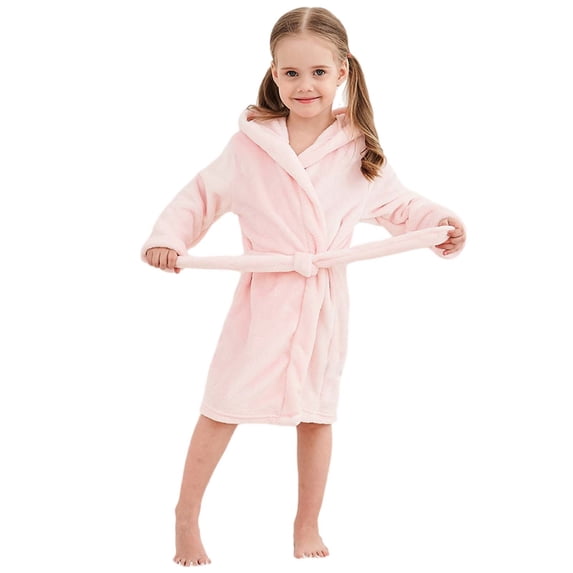 Odeerbi 2-8Y Toddler Boys Girls Flannel Bathrobe Cartoon Kimono Robe Soft Plush Nightgowns Kids Hooded Bathrobe Sleepwear Plush Robes With Belt Baby Clothes Pink
