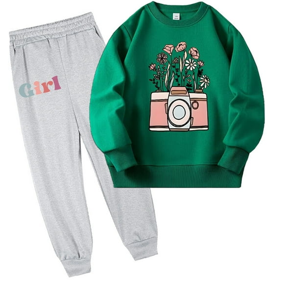 Odeerbi 2-9 Years Kids Girls Outfits Cotton Sweatsuits Flower Crewneck Sweatshirts Sweatpants Two-piece Set Floral Top Casual Comfortable Long Pants Kids Girls Clothes