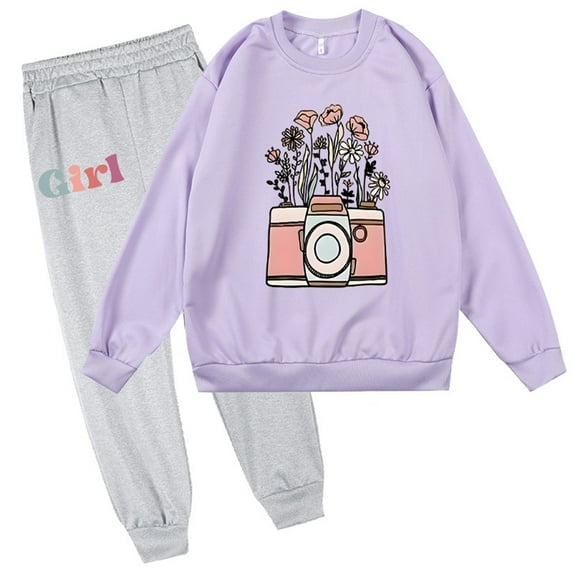 Odeerbi 2-9 Years Kids Girls Outfits Cotton Sweatsuits Flower Crewneck Sweatshirts Sweatpants Two-piece Set Floral Top Casual Comfortable Long Pants Kids Girls Clothes