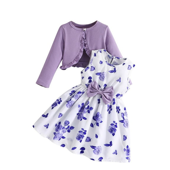 Odeerbi 2-9 Years Kids Girls Summer Outfits Cotton Floral Tank Dress with Bolero Shrugs Two-piece Set Solid Color Long Sleeve Cardigan Sun Dress Set Kids Girls Clothes