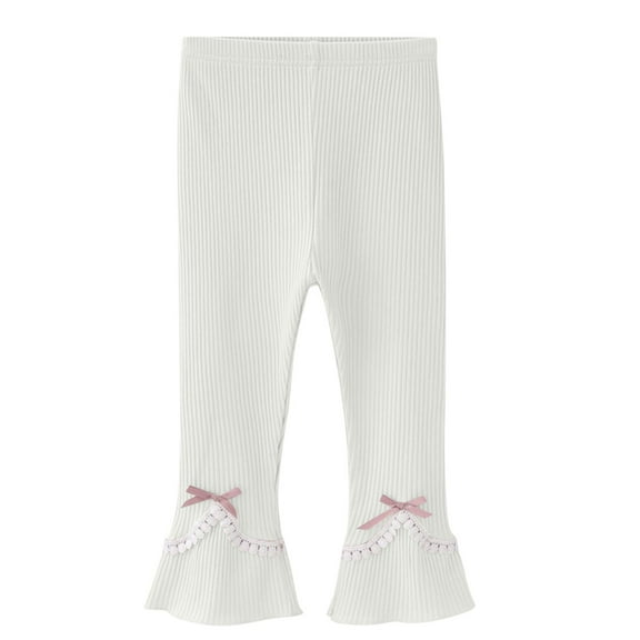 Odeerbi 2-9 Years Toddler Girls Cotton Leggings Stretchy Tights Compression Pants Solid Color Bow Middle Waist Wide Leg Pantyhose