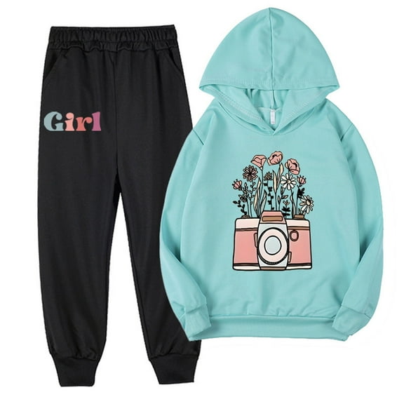 Odeerbi 2-9 Years Toddler Girls Cotton Outfits Flower Printed Hoodies Sweatpants Two-piece Set Casual Comfortable Long Sleeve Hooded Sweatshirts Toddler Girls Clothes