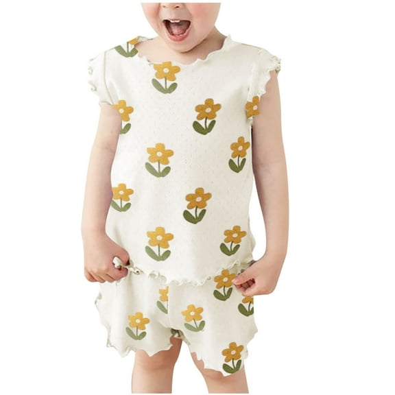 Odeerbi 2-9 Years Toddler Girls Summer Outfits Lettuce Trim Floral Cotton Short Sleeve T-Shirt Shorts Two-piece Set Flower Print Loungewear Toddler Girls Clothes