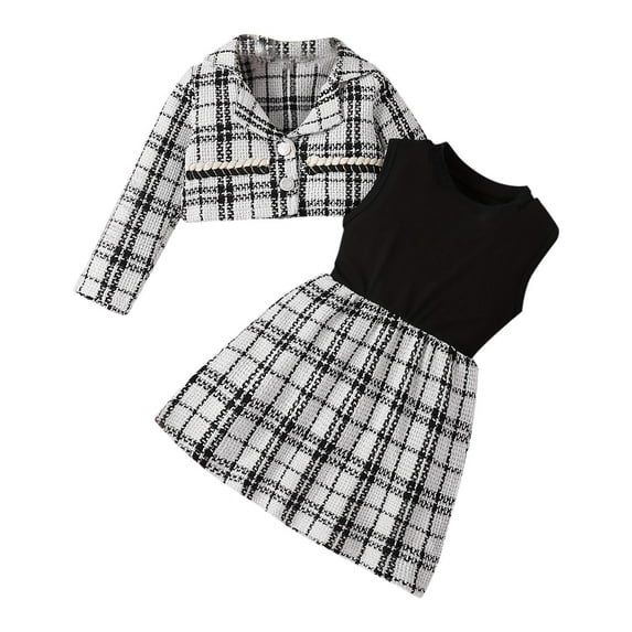 Odeerbi 2-9 Years Toddler Girls Summer Outfits Plaid Cotton Tank Dress with Notched Lapel Cropped Jacket Two-piece Set Casual Dress Set Toddler Girls Clothes