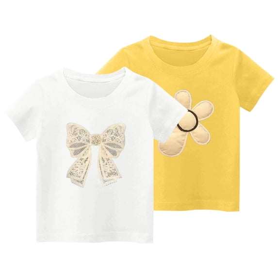 Odeerbi 2 Pack Toddler Kids Girls Cotton T-Shirts 2-11 Years Cute Bow Flower Print Short Sleeve Tees Soft Casual Summer Tops