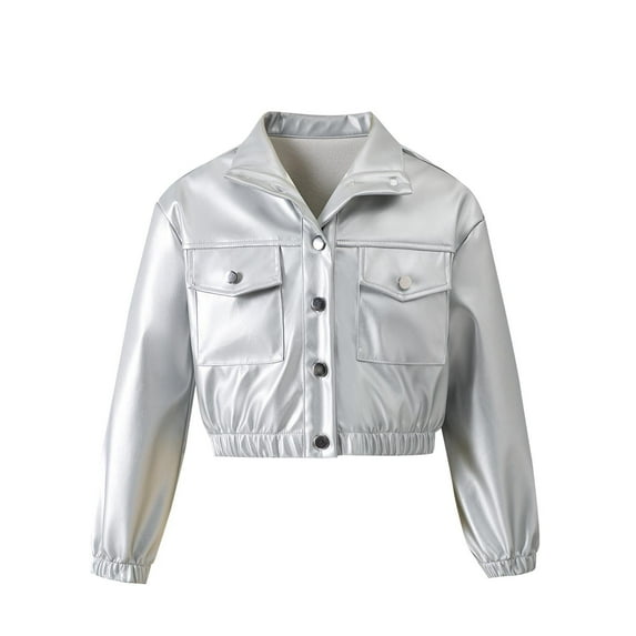 Odeerbi Teen Boys Girls Leather Jacket Kids Long Sleeve Cropped Jacket White 8-9 Years