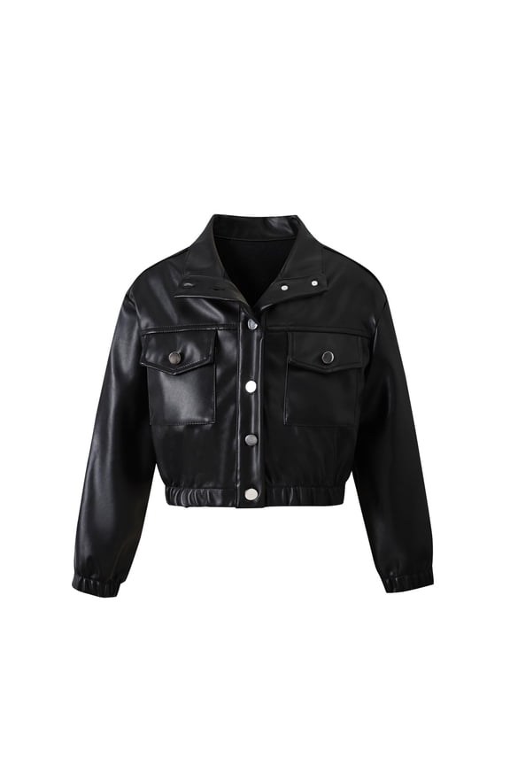 Teen Boys Girls Leather Jacket Kids Long Sleeve Cropped Jacket Black 10-11 Years