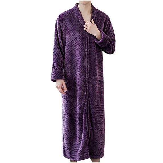 Odeerbi Couple Robes Autumn And Winter Flannel Thick Loose Zipper Couple Long Bathrobe Home Service Pajamas Purple