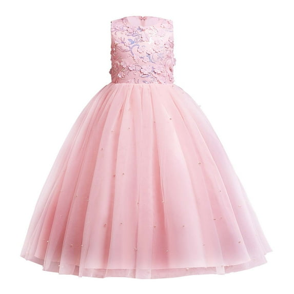 Odeerbi 2024 Kids Dress Girls Sleeveless Princess Dress Bow Tie Lace Flowers Mesh Dress Tufted Dress