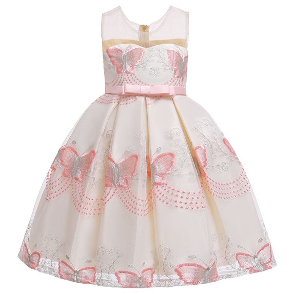 Odeerbi 2024 Toddler Girls Solid Color Butterfly Embroidery Bowknot Birthday Party Flowers Gown Kids Dresses