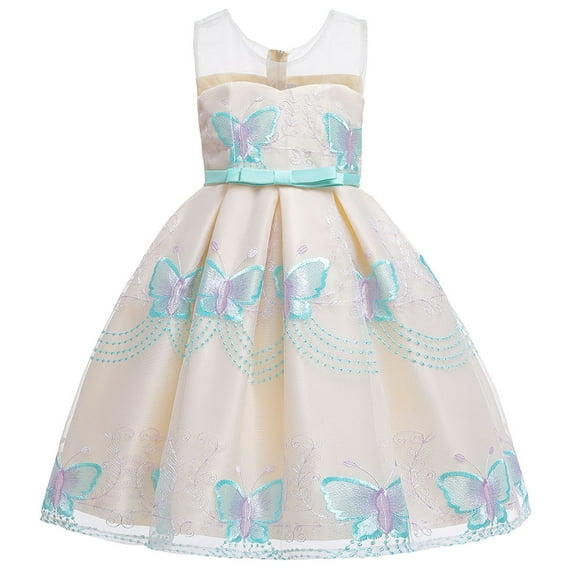 Odeerbi 2024 Toddler Girls Solid Color Butterfly Embroidery Bowknot Birthday Party Flowers Gown Kids Dresses