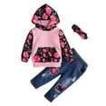 thumbnail image 1 of Odeerbi 2025 Baby Children's Girls Sunflower Leopard Hooded Sweater Denim Trousers Jeans 3pcs, 1 of 9